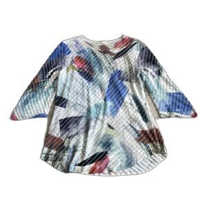 Jess & Jane Shirt Womens Large Asymmetrical Tunic Top White Blue Artsy Textured